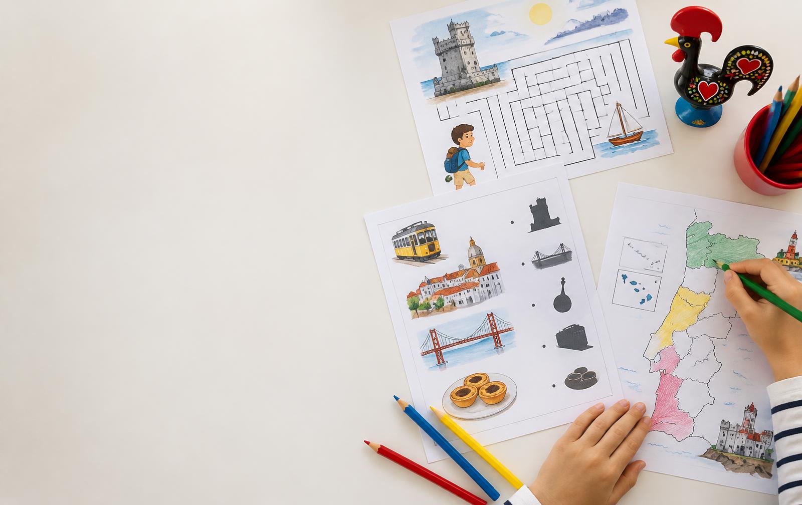 Fichas de atividades, mapa de Portugal, lápis de cor e um galo de Barcelos numa secretária